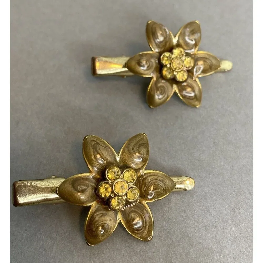 Gold‎ Tone Hair Clip Set Flower Sparkle Shine